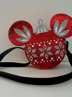 Disney Minnie Mouse Christmas Ornament Crossbody Bag Red Glitter Holiday